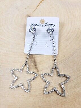 Brand New 2 in 1 Silver Tone Rhinestone Star Dangle Earrings